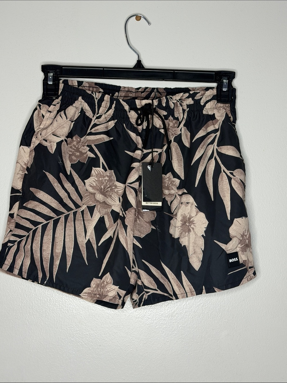 BOSS Black Swim Shorts with Beige Floral Print